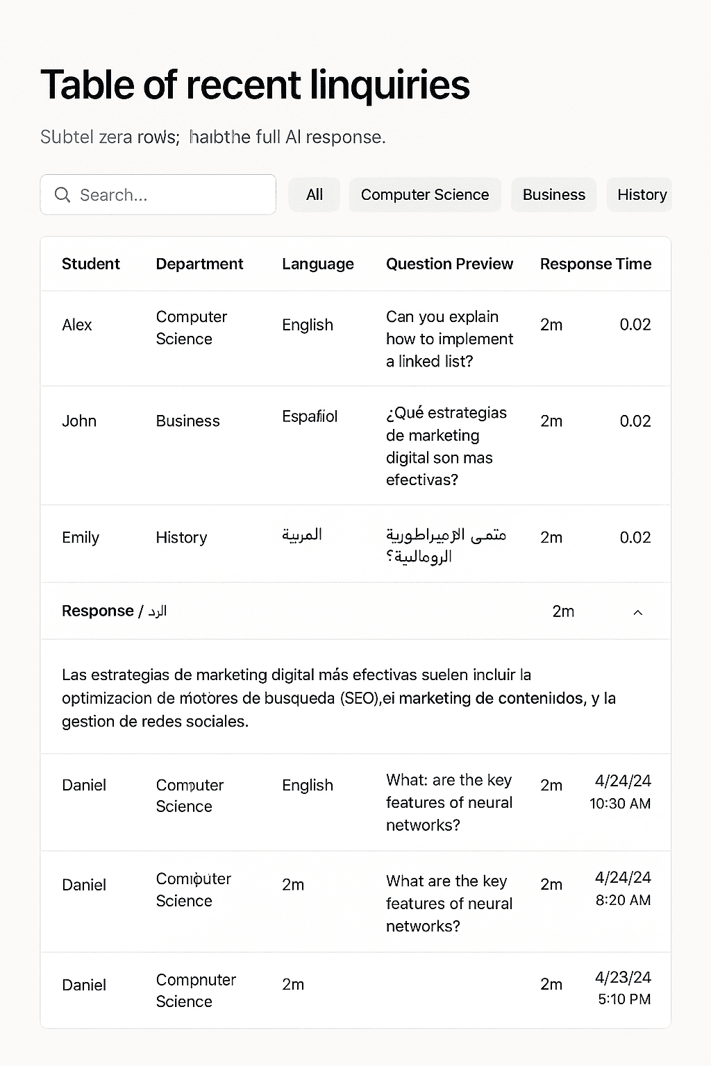 Conversation table and searchable logs