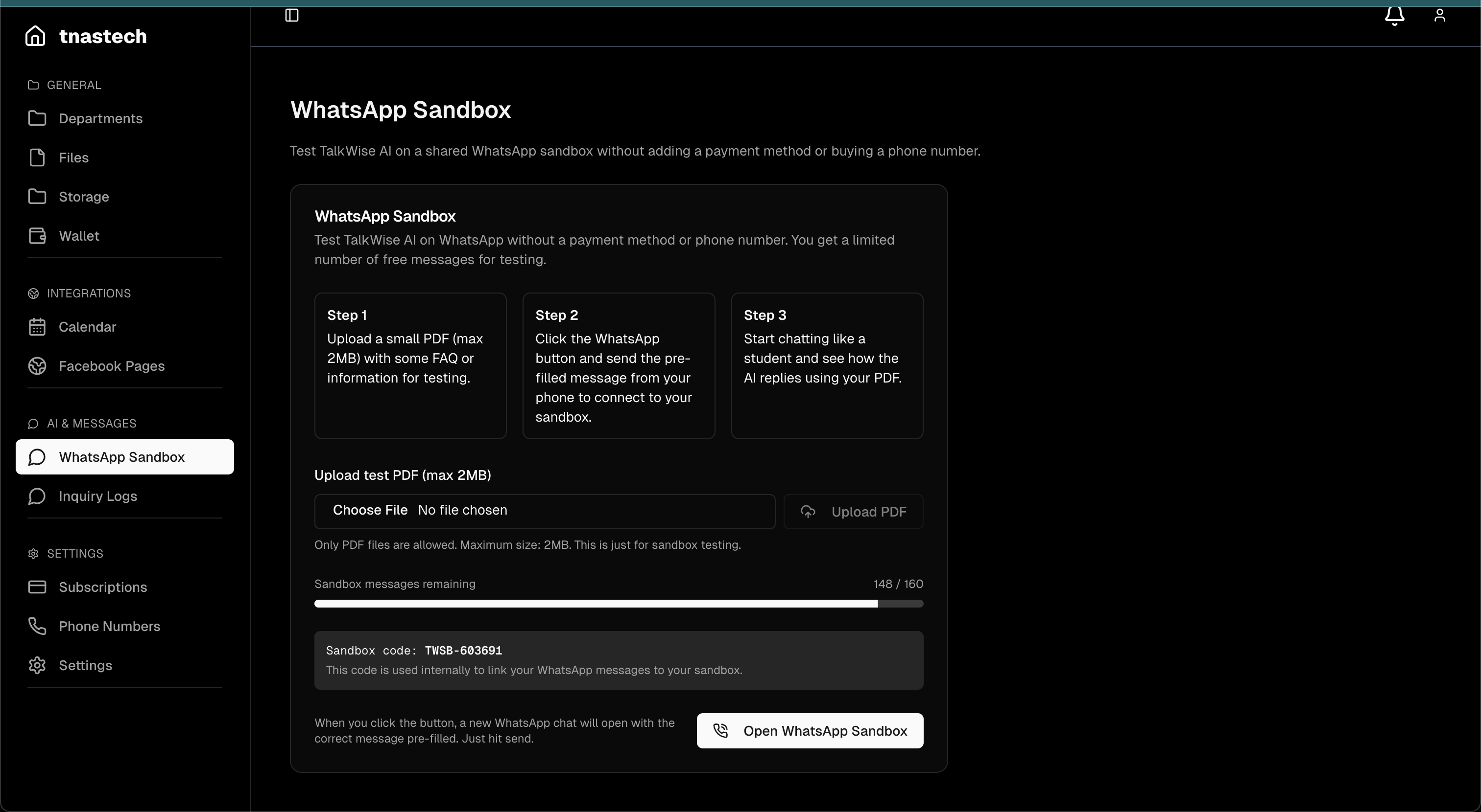 Screenshot of WhatsApp Sandbox inside the TalkWise dashboard